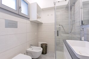 Shower, hair dryer, bidet, towels