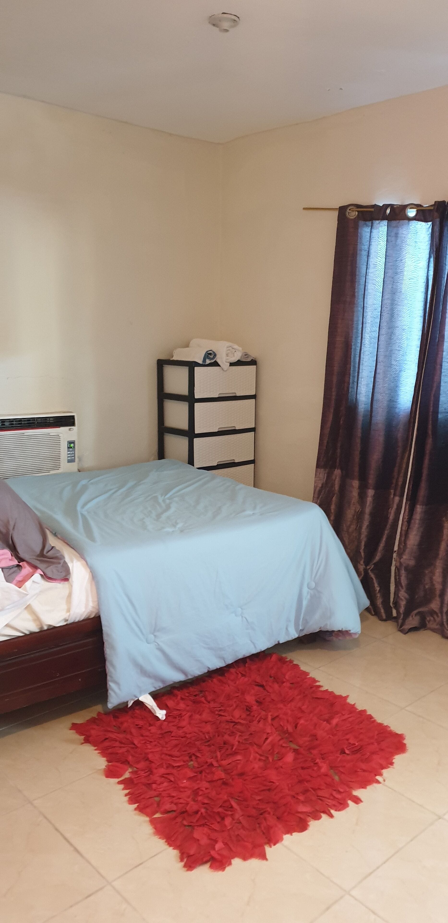 Un dormitorio con una cama, un tapete rojo, un calentador y un armario.