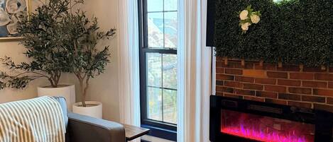 Télévision, cheminée, espaces bureaux