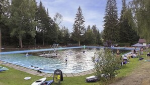 A swimming pool surrounded by trees, with kayaks and a lifeguard tower. - Harrachov 141 by Interhome (Harrachov)