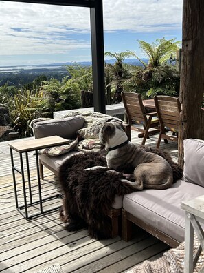 Relax in a serene outdoor space surrounded by lush greenery and distant mountains.