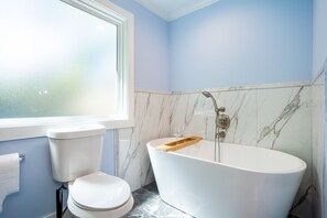 Hair dryer, bidet, towels, soap