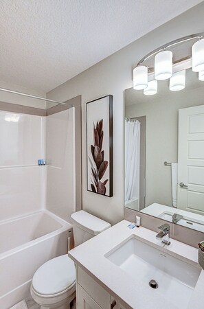 Hair dryer, towels, soap, shampoo