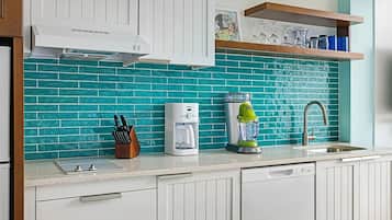 Fridge, stovetop, dishwasher, coffee/tea maker