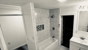 Hair dryer, towels, soap, shampoo