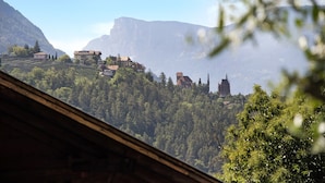A mountainous landscape with buildings, including a church, and dense forest.