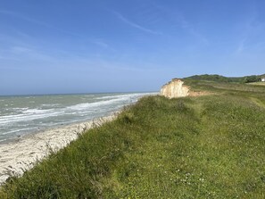 A coastal landscape with a sandy beach, grassy areas, and a cliff overlooking the sea.