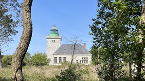 A large, historic building with a prominent tower and a green dome, surrounded by dense greenery and trees.