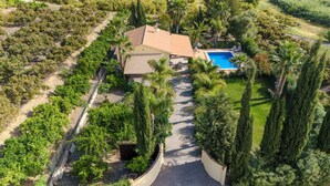 An aerial view of a property with a swimming pool, a paved driveway, and a variety of greenery including trees and shrubs. - Finca La Panorámica (Málaga)