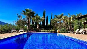 A clear blue swimming pool with lounge chairs on either side, surrounded by lush greenery and tall trees. - Finca La Panorámica (Málaga)