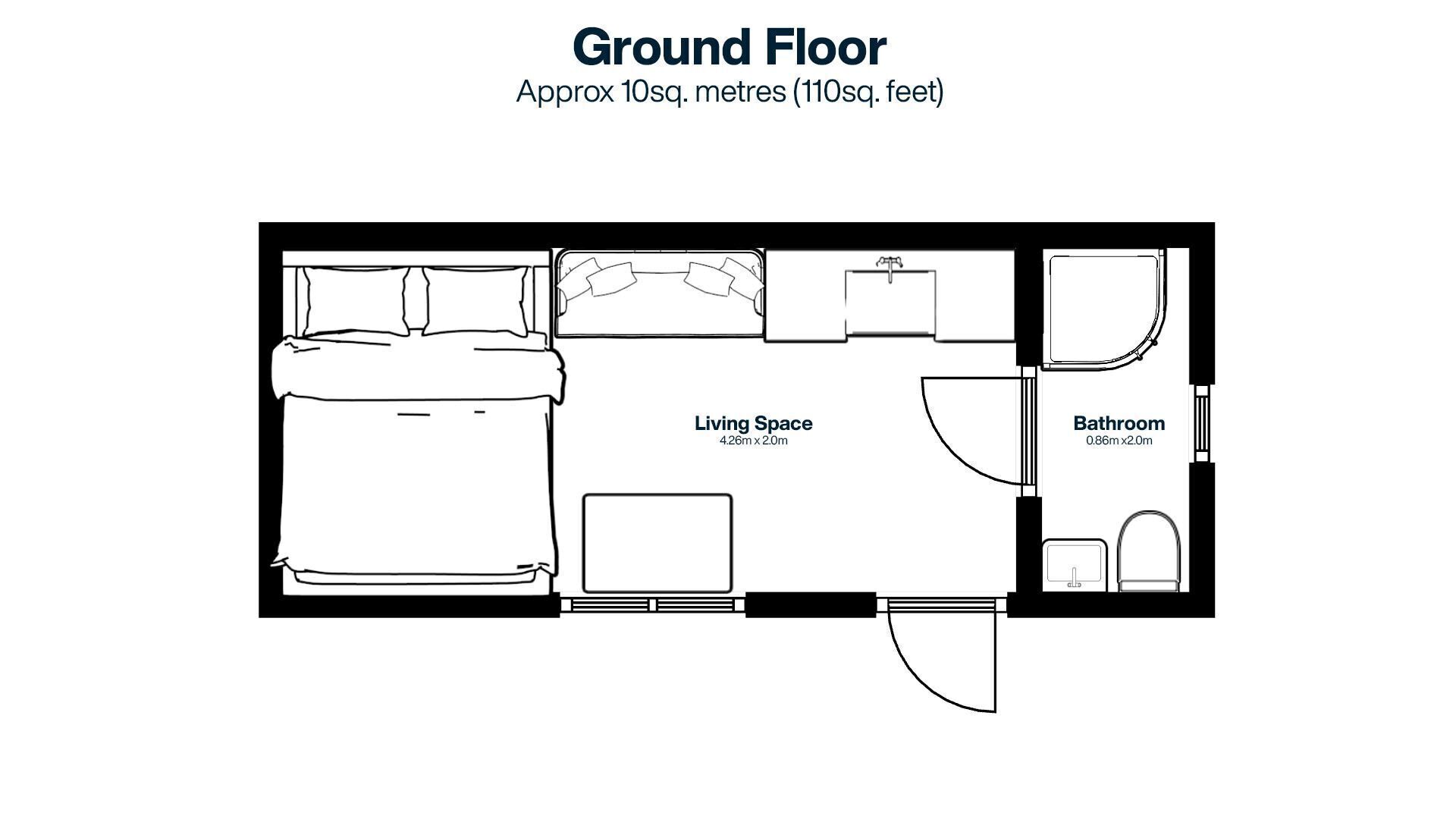 Indeling van de begane grond met een woonruimte van 4,26m x 2,0m, een badkamer van 0,86m x 2,0m, en een bed.