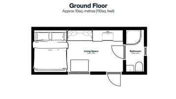 Indeling van de begane grond met een woonruimte van 4,26m x 2,0m, een badkamer van 0,86m x 2,0m, en een bed.