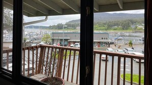 Un balcón con una planta en maceta, vista de un puerto deportivo con barcos y un estacionamiento con coches.