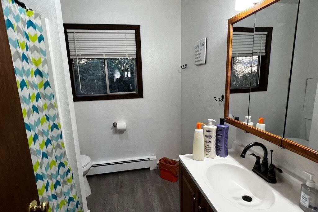 Combined shower/tub, hair dryer, towels