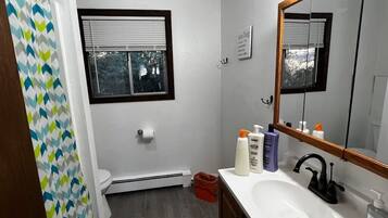 Combined shower/tub, hair dryer, towels