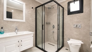 A modern bathroom with a glass-enclosed shower, a white vanity with a mirror, and a toilet. - Villa Kayahan Göcek (Fethiye)