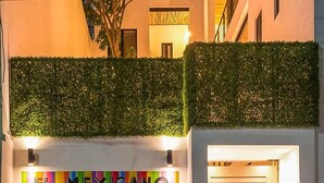 L’entrée d’un hôtel, avec une fresque murale aux couleurs vives, une porte en bois fermée et une haie verte.