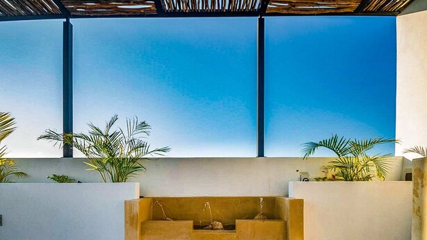 Un espace de spa extérieur moderne, doté d’un élément aquatique central, entouré de murs blancs et de plantes tropicales.