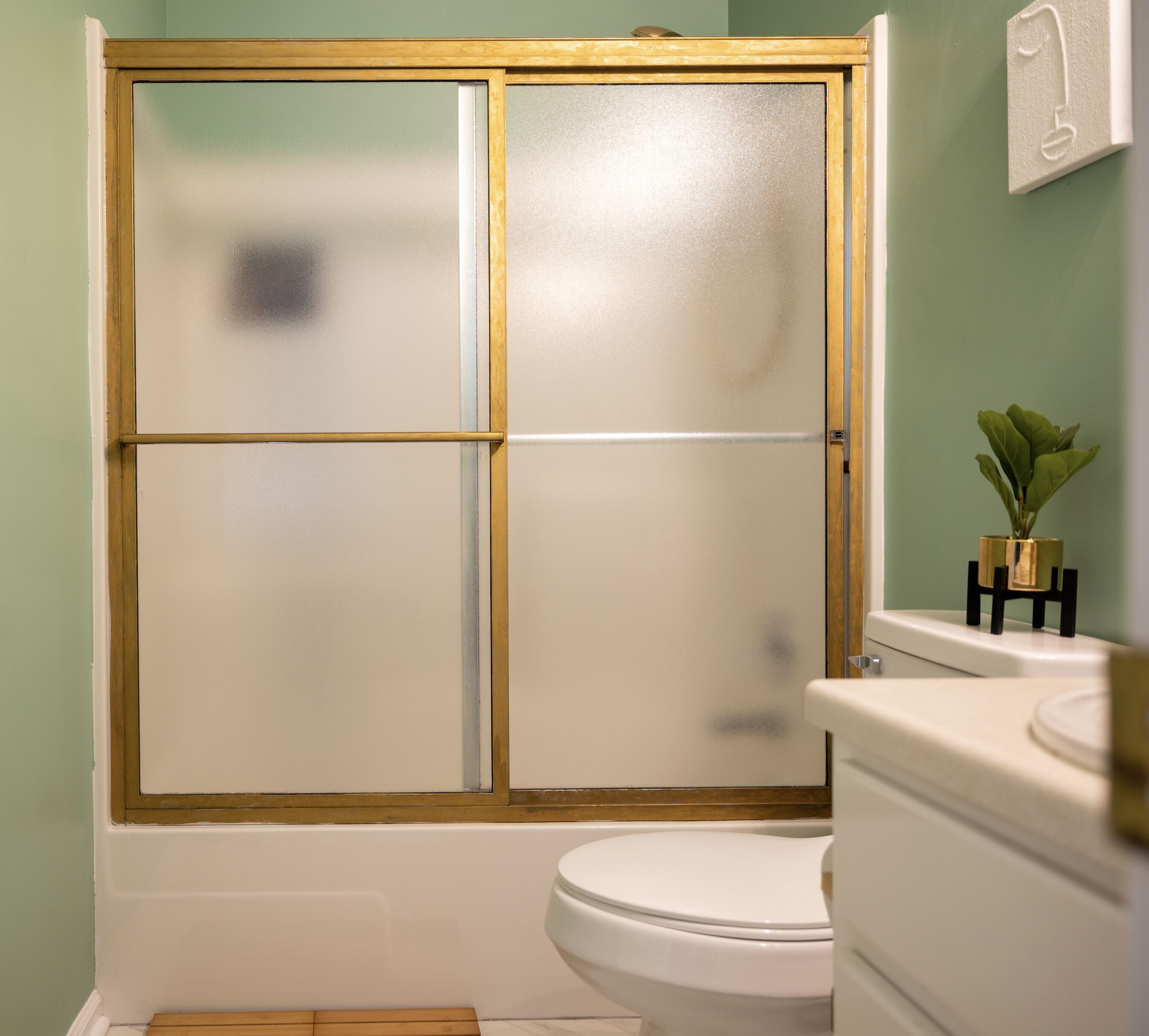 Une salle de bain avec une douche à parois de verre, des toilettes et une petite plante posée sur le lavabo.