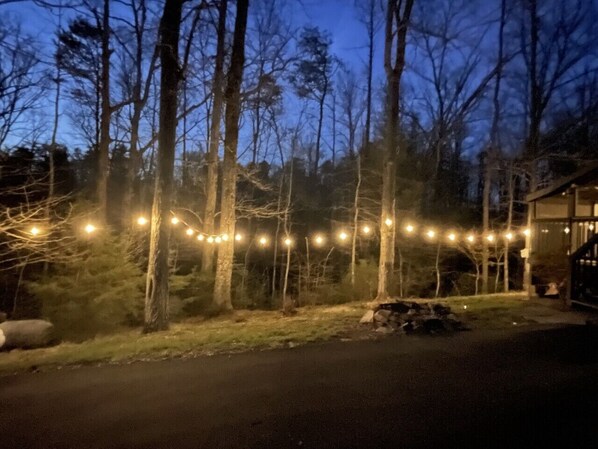 A nighttime outdoor setting with string lights, trees, and a building.