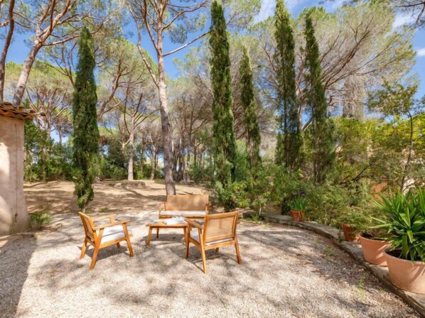 A patio with three wooden chairs and a table, surrounded by tall trees and potted plants.