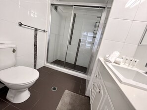 A modern bathroom with a toilet, shower, and sink. - Ocean View 2BR MainBeach Getaway (Main Beach)