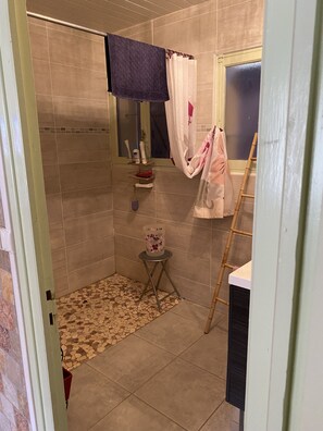 Douche, baignoire à remous, séchoir à cheveux, serviettes fournies