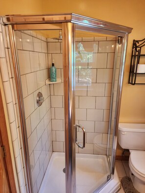 Shower, hair dryer, towels, toilet paper