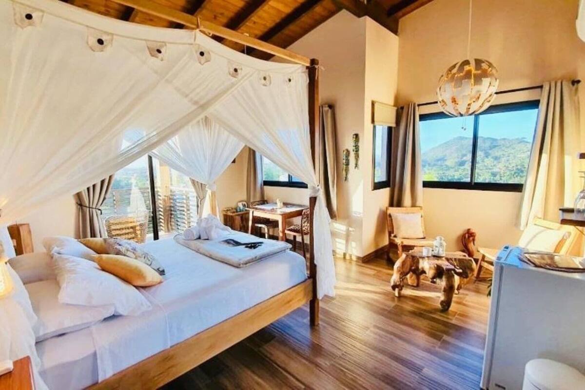 A room with a canopy bed, a desk, a chair, and a view of the outdoors.