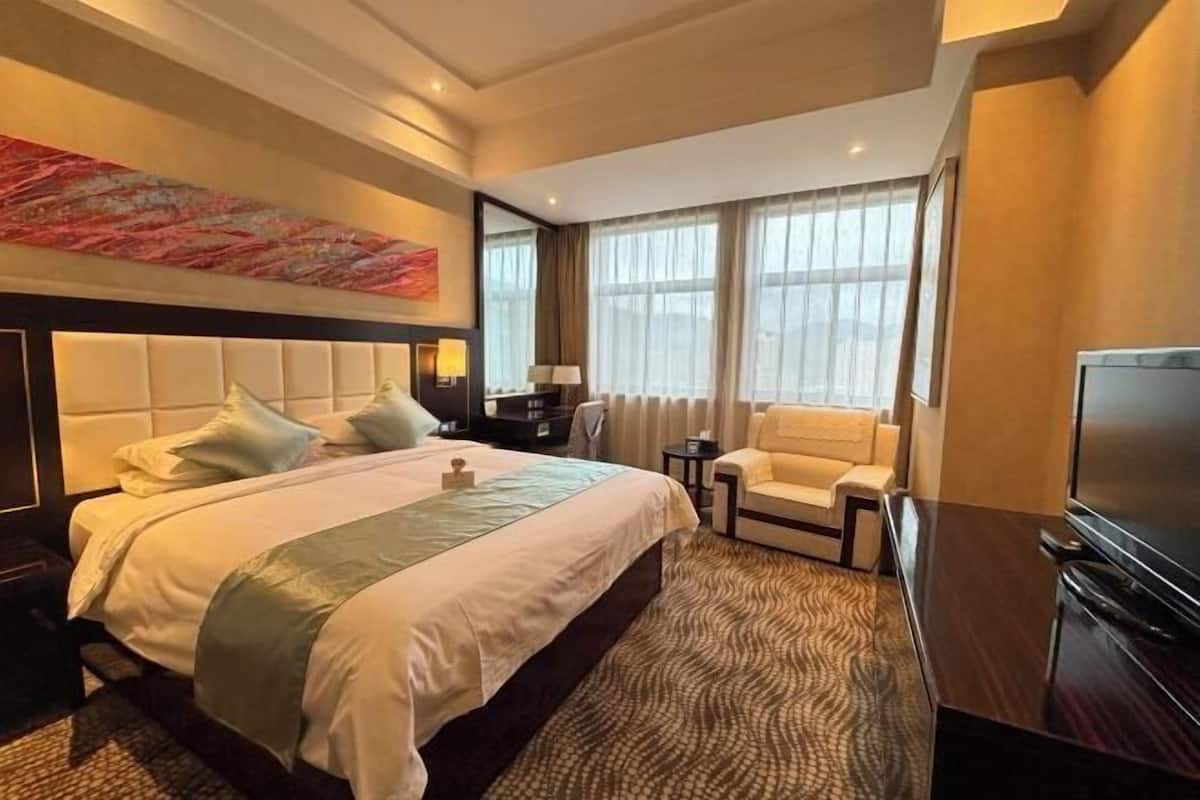 Una habitación de hotel con una cama grande, televisión, sofá y ventana con cortinas.