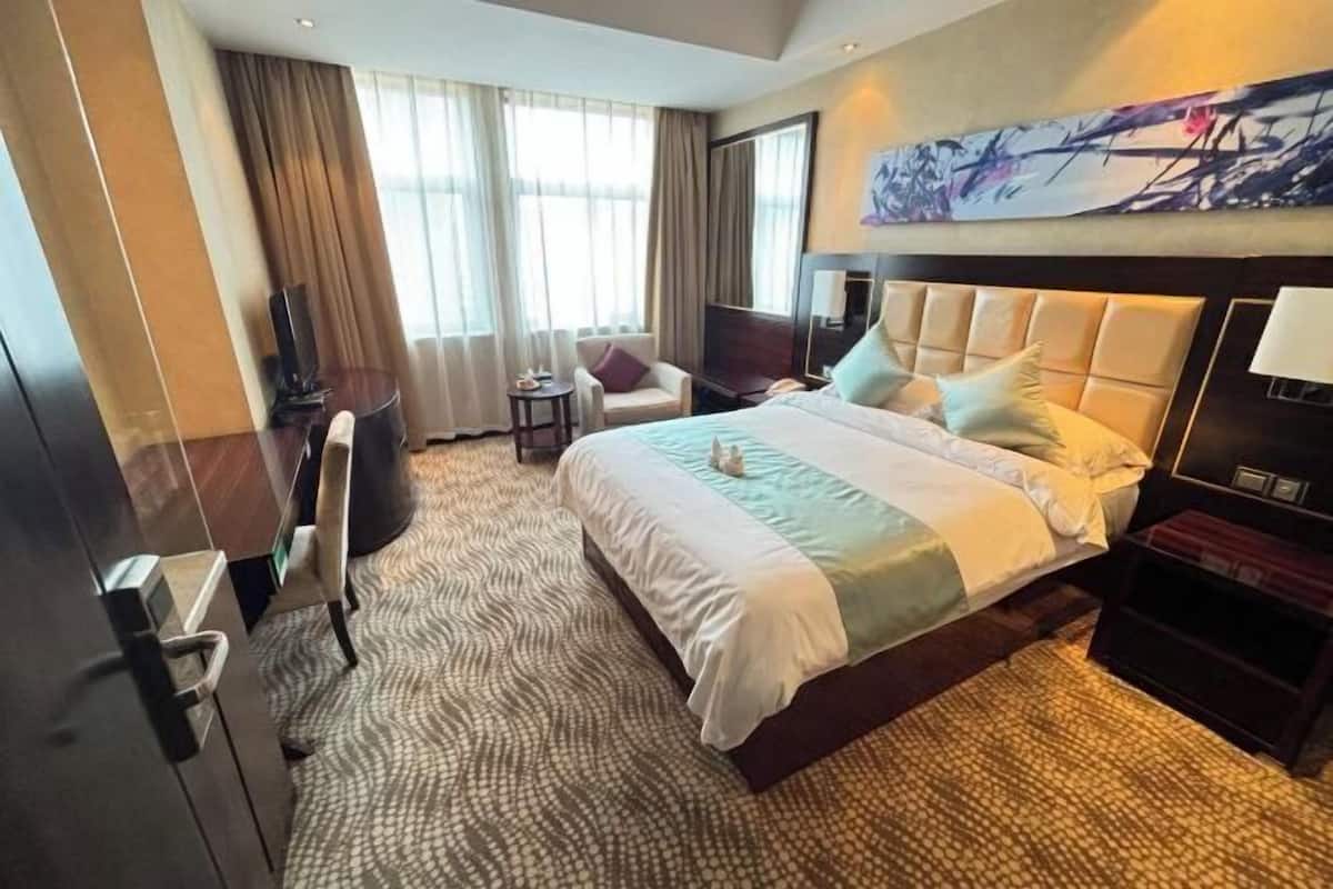 Una habitación de hotel con una cama grande, televisión, escritorio y una silla.