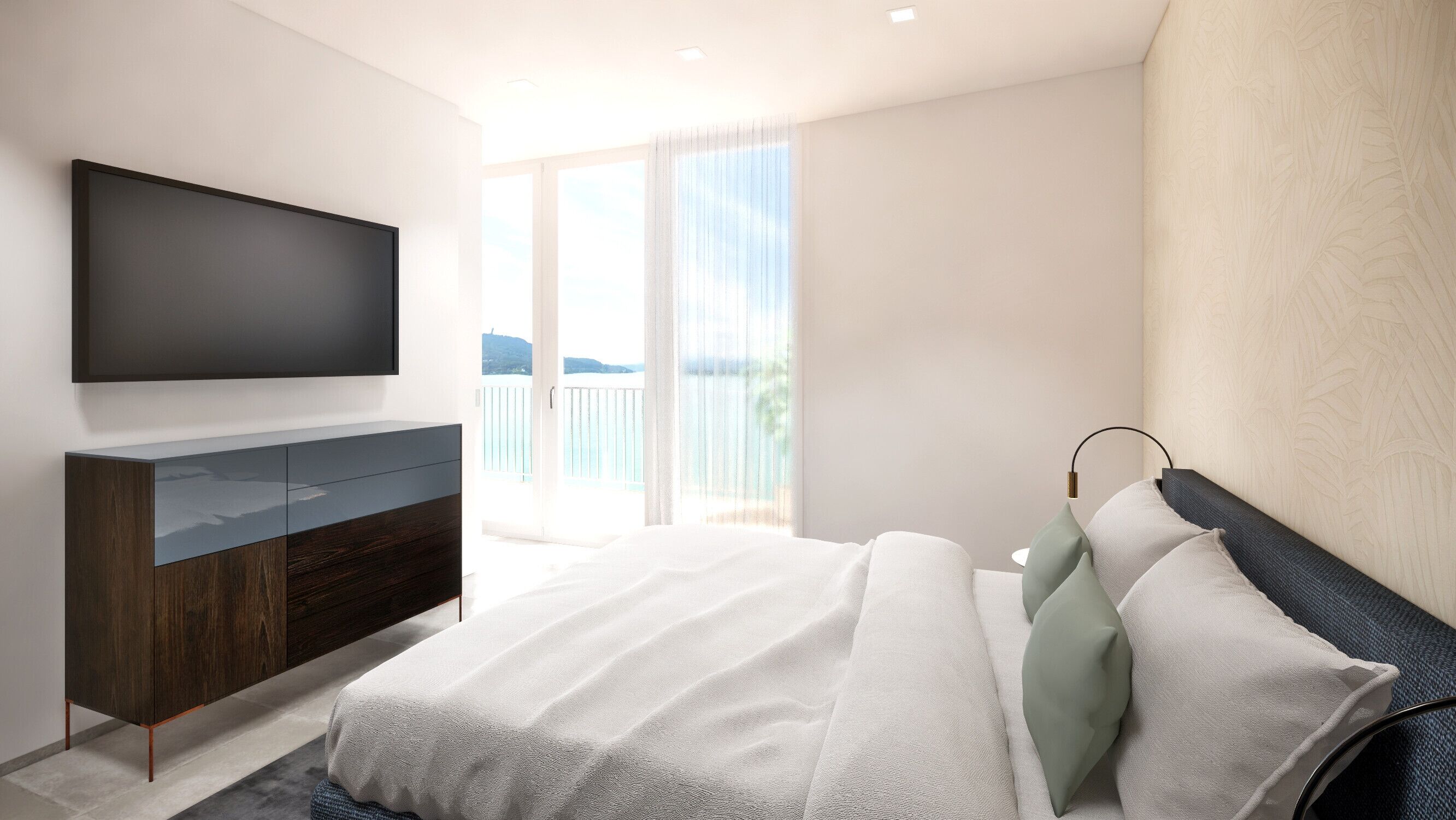 A modern bedroom with a bed, a TV mounted on the wall, and a balcony with a view.