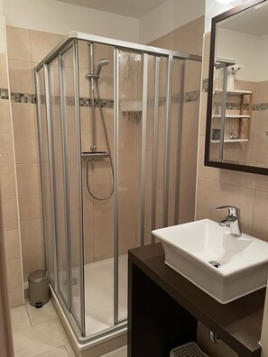 Shower, hair dryer, soap, toilet paper