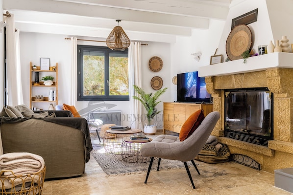 A living room with a sofa, armchair, TV, fireplace, and a bookshelf. - Villa Margot, stunning pool, beach 500 m (Agde)