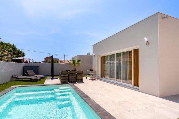 A modern outdoor pool area with a clear blue pool, lounge chairs, and a small palm tree.