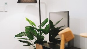 A modern living room with a black floor lamp, a large green plant, a wooden cabinet, and a television. - 1 Bed Central City Fringe Deluxe w/Carpark (Christchurch)