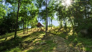 Eine steinerne Treppe führt zu einer Holzhütte in einem bewaldeten Gebiet.