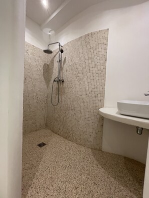 Shower, hair dryer, towels, toilet paper