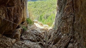 L’entrée d’une grotte, d’où l’on aperçoit un paysage verdoyant.