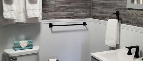 Secadora de cabello, toallas, jabón, papel de baño