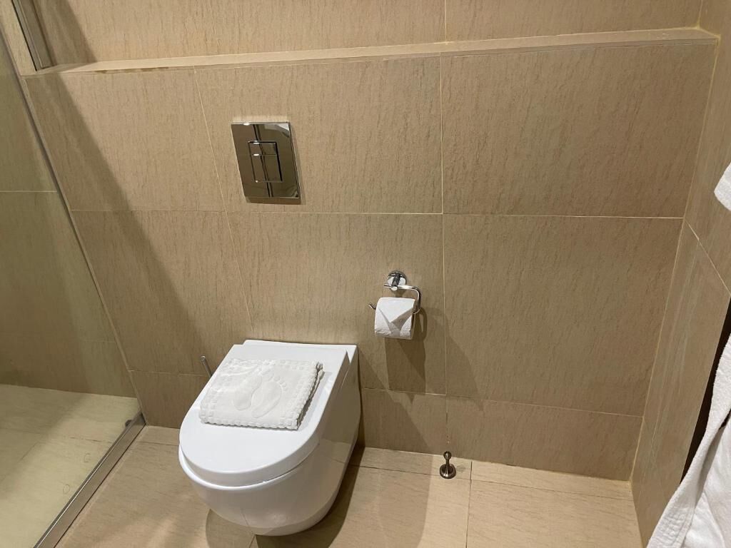 A bathroom with a white toilet, a towel rack, and a toilet paper holder on the wall.