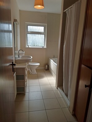 Chuveiro, secador de cabelo, sabonete, papel higiênico