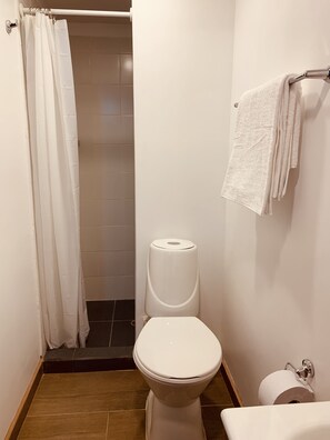 Shower, rainfall showerhead, free toiletries, towels