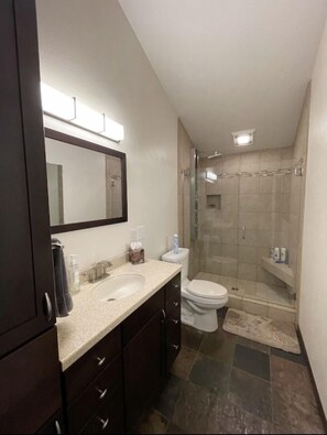 Shower, hair dryer, towels, soap