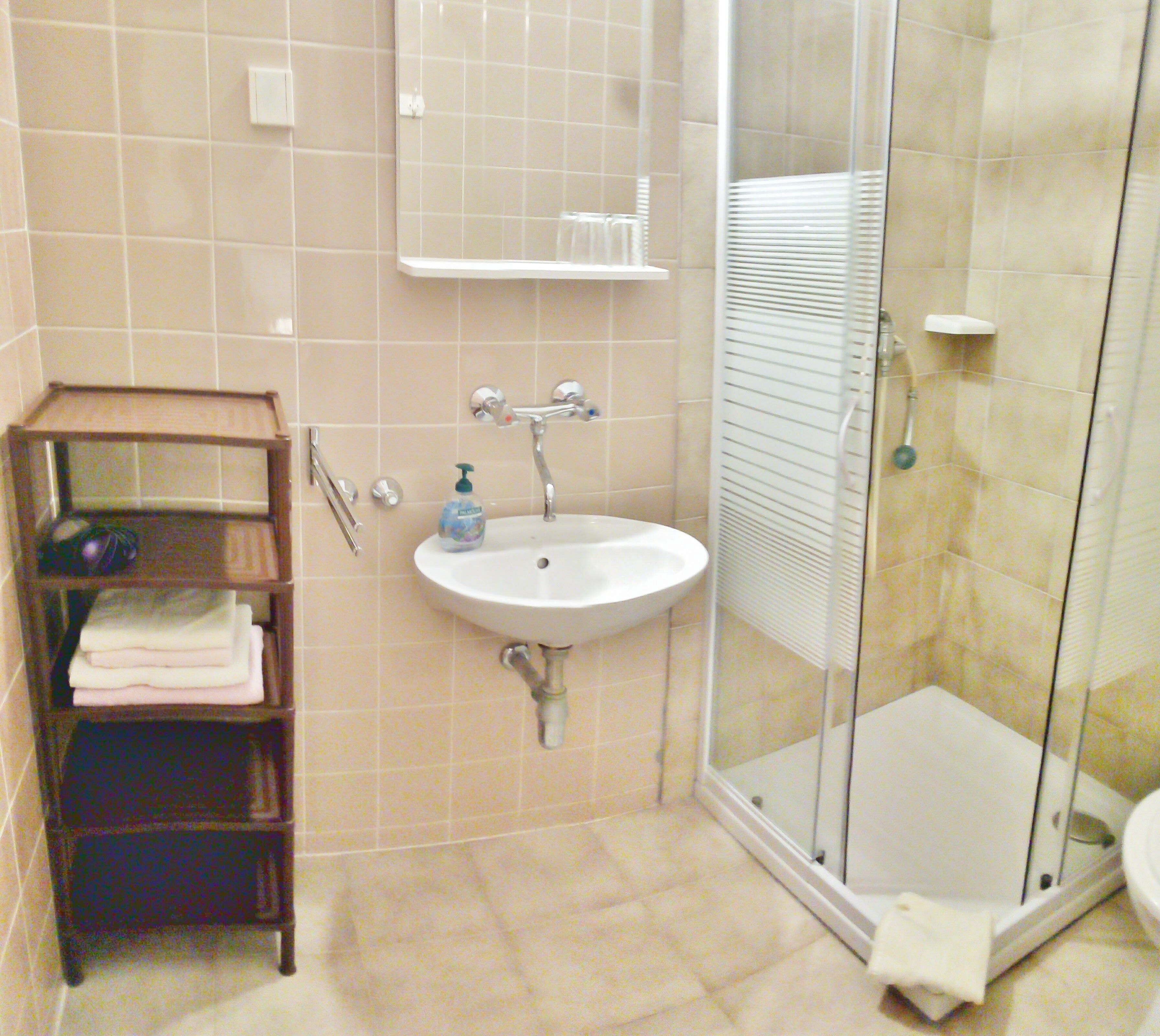 Casa de banho com lavatório, espelho e chuveiro.