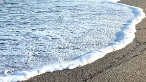 A beach with waves gently lapping onto the shore, a clear sky, and distant mountains.