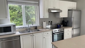A modern kitchen with white cabinets, stainless steel appliances, a window with blinds, and a view of greenery outside. - Cozy and Private West Coast Home (Sooke)