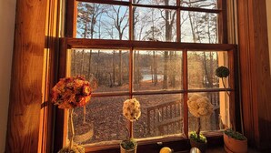 A large window with a view of a forest and a lake. Inside, there are several potted plants and a small table. - Dog Friendly Lakefront Cabin with Amazing Sunset Views & New Boat dock.  (Jefferson City)