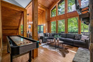 Smart TV, fireplace, video games, table football