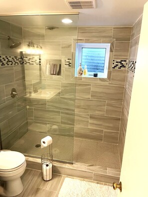 Dusche, Haartrockner, Handtücher, Seife
